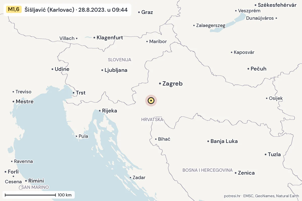 Karta: šire područje, 600 km, potres M1,6, Šišljavić (Karlovac), 28.8.2023.