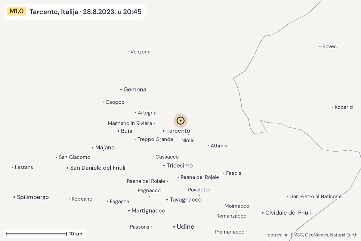 Karta: okolica epicentra, 60 km, potres M1,0, Tarcento, Italija, 28.8.2023.