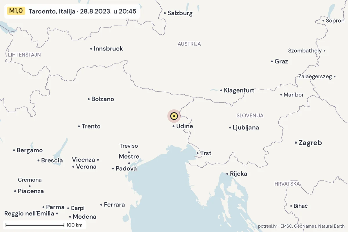 Karta: šire područje, 600 km, potres M1,0, Tarcento, Italija, 28.8.2023.