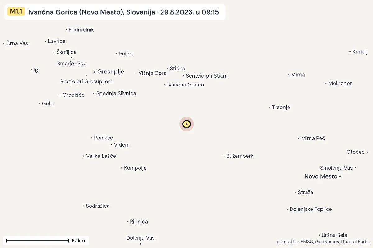 Karta: okolica epicentra, 60 km, potres M1,1, Ivančna Gorica (Novo Mesto), Slovenija, 29.8.2023.
