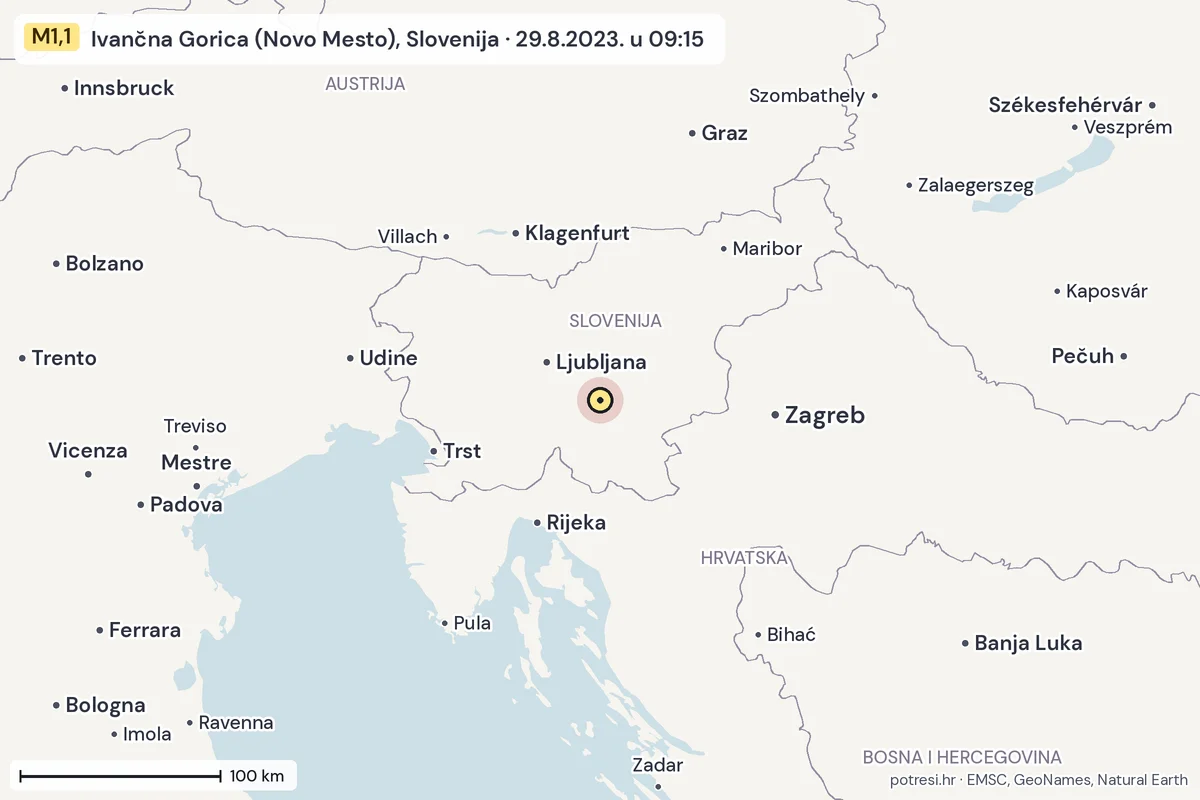 Karta: šire područje, 600 km, potres M1,1, Ivančna Gorica (Novo Mesto), Slovenija, 29.8.2023.
