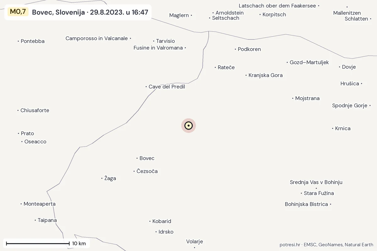 Karta: okolica epicentra, 60 km, potres M0,7, Bovec, Slovenija, 29.8.2023.