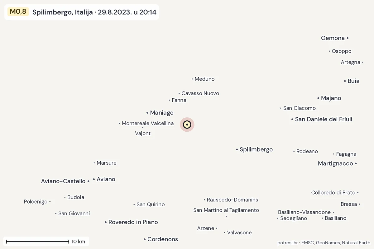 Karta: okolica epicentra, 60 km, potres M0,8, Spilimbergo, Italija, 29.8.2023.