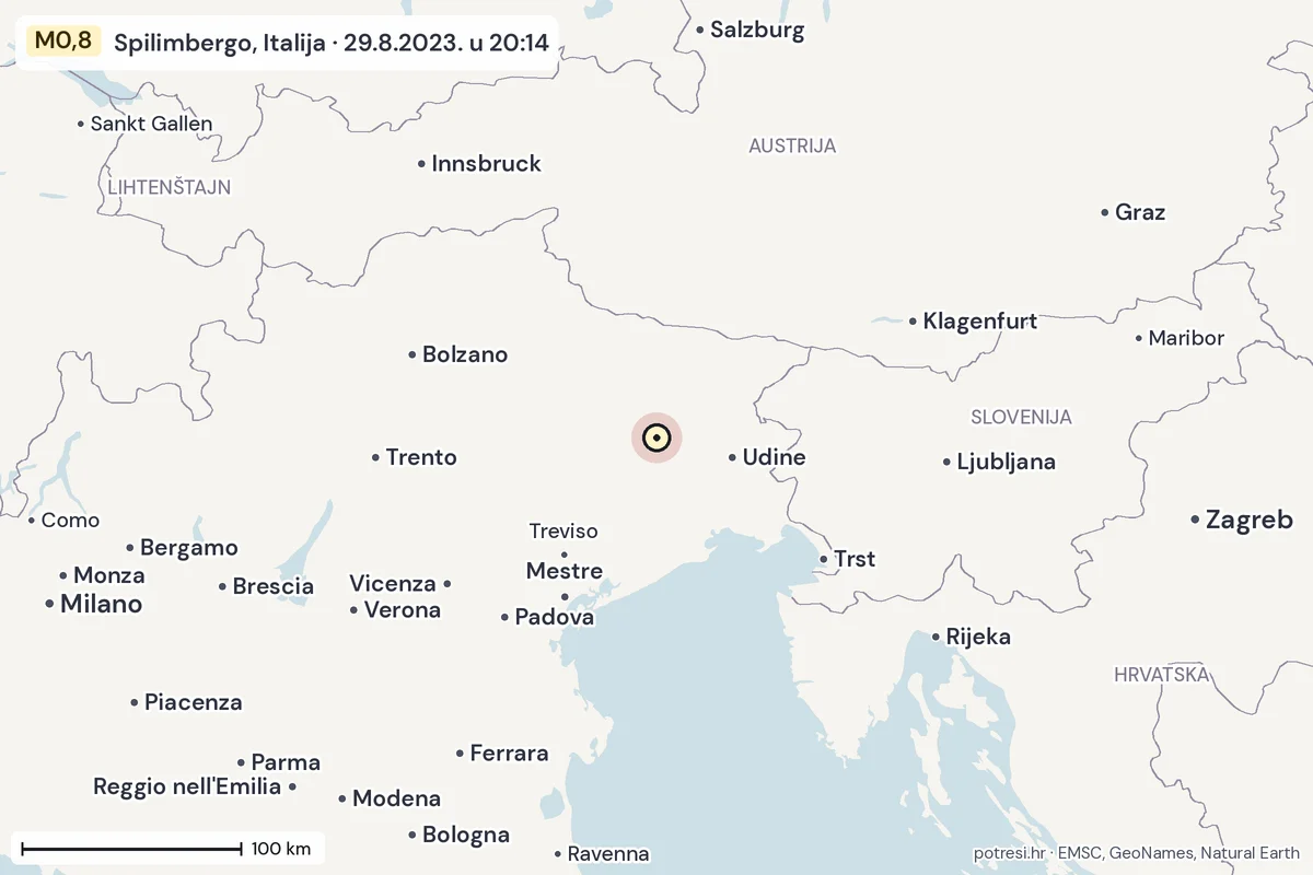Karta: šire područje, 600 km, potres M0,8, Spilimbergo, Italija, 29.8.2023.
