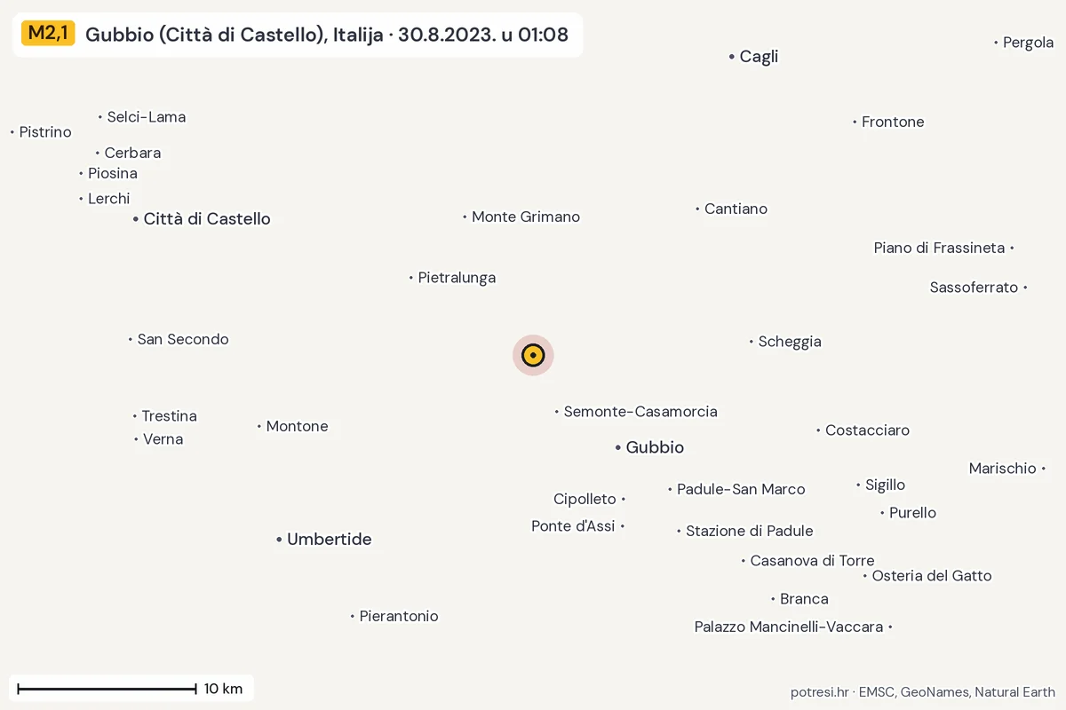 Karta: okolica epicentra, 60 km, potres M2,1, Gubbio (Città di Castello), Italija, 30.8.2023.