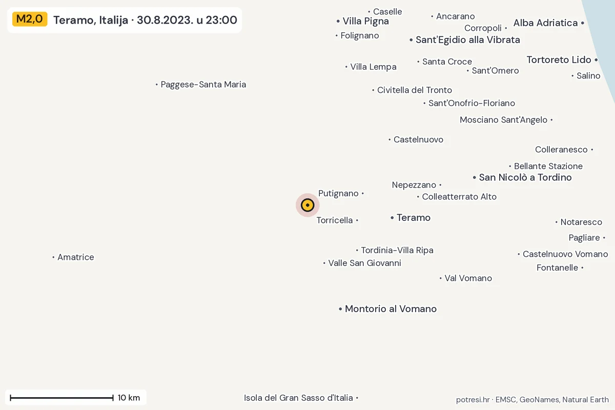 Karta: okolica epicentra, 60 km, potres M2,0, Teramo, Italija, 30.8.2023.