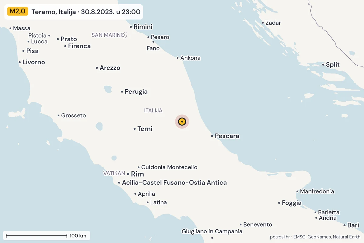 Karta: šire područje, 600 km, potres M2,0, Teramo, Italija, 30.8.2023.