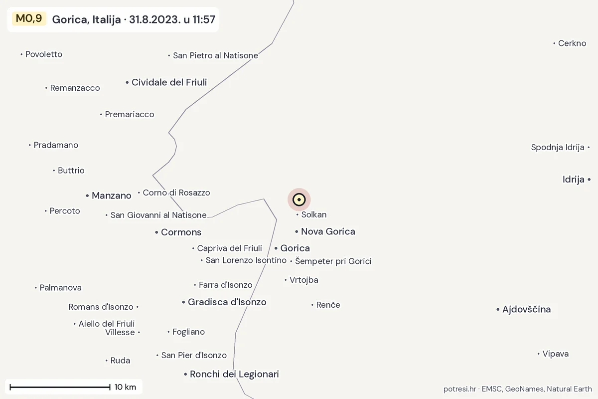 Karta: okolica epicentra, 60 km, potres M0,9, Gorica, Italija, 31.8.2023.