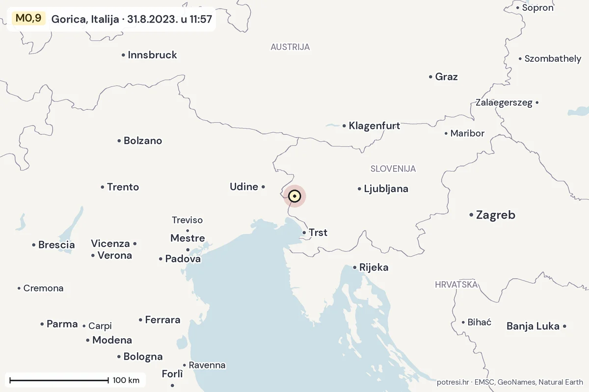 Karta: šire područje, 600 km, potres M0,9, Gorica, Italija, 31.8.2023.