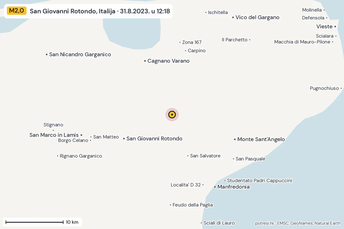 Karta: okolica epicentra, 60 km, potres M2,0, San Giovanni Rotondo, Italija, 31.8.2023.