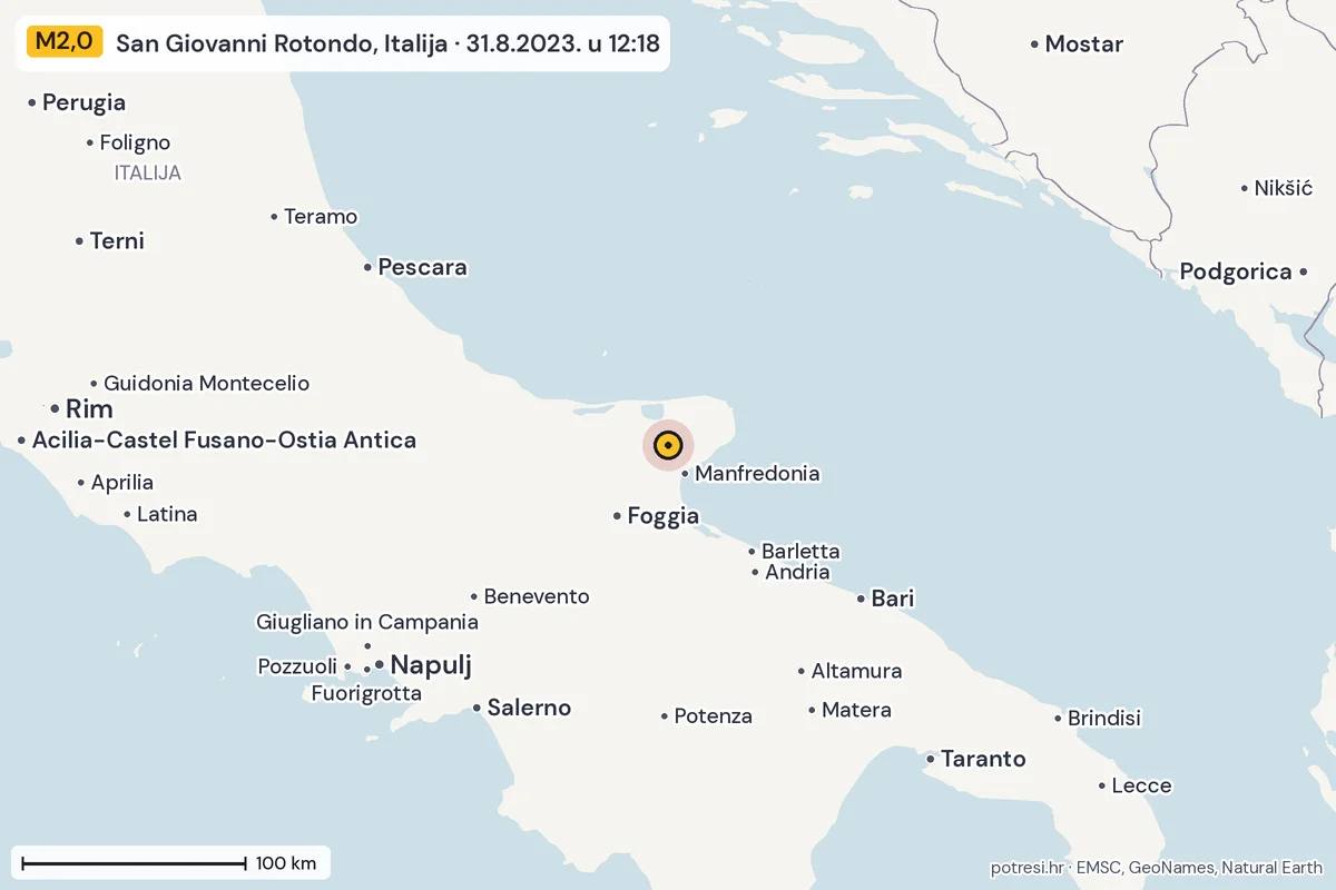 Karta: šire područje, 600 km, potres M2,0, San Giovanni Rotondo, Italija, 31.8.2023.