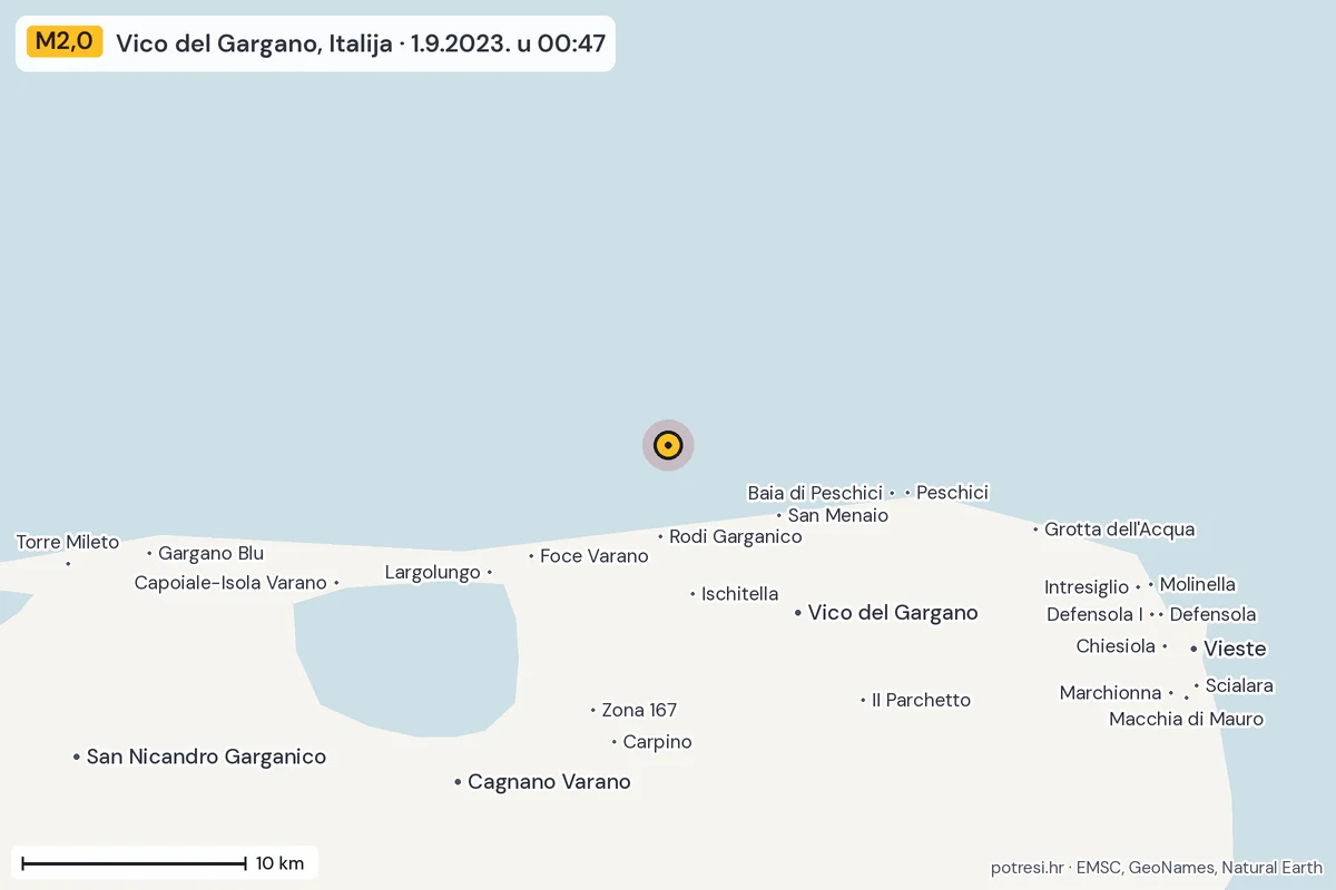 Karta: okolica epicentra, 60 km, potres M2,0, Vico del Gargano, Italija, 1.9.2023.
