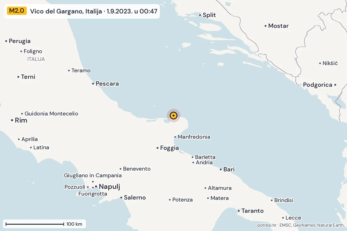 Karta: šire područje, 600 km, potres M2,0, Vico del Gargano, Italija, 1.9.2023.