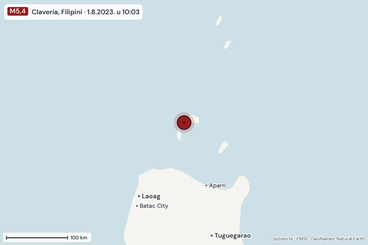 Karta: šire područje, 600 km, potres M5,4, Claveria, Filipini, 1.8.2023.