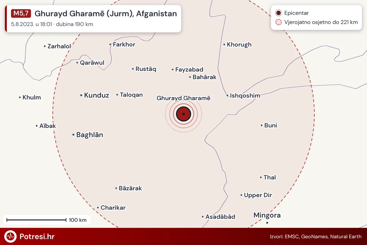 Karta: šire područje i vjerojatni doseg osjeta, potres M5,7, Ghurayd Gharamē (Jurm), Afganistan, 5.8.2023.