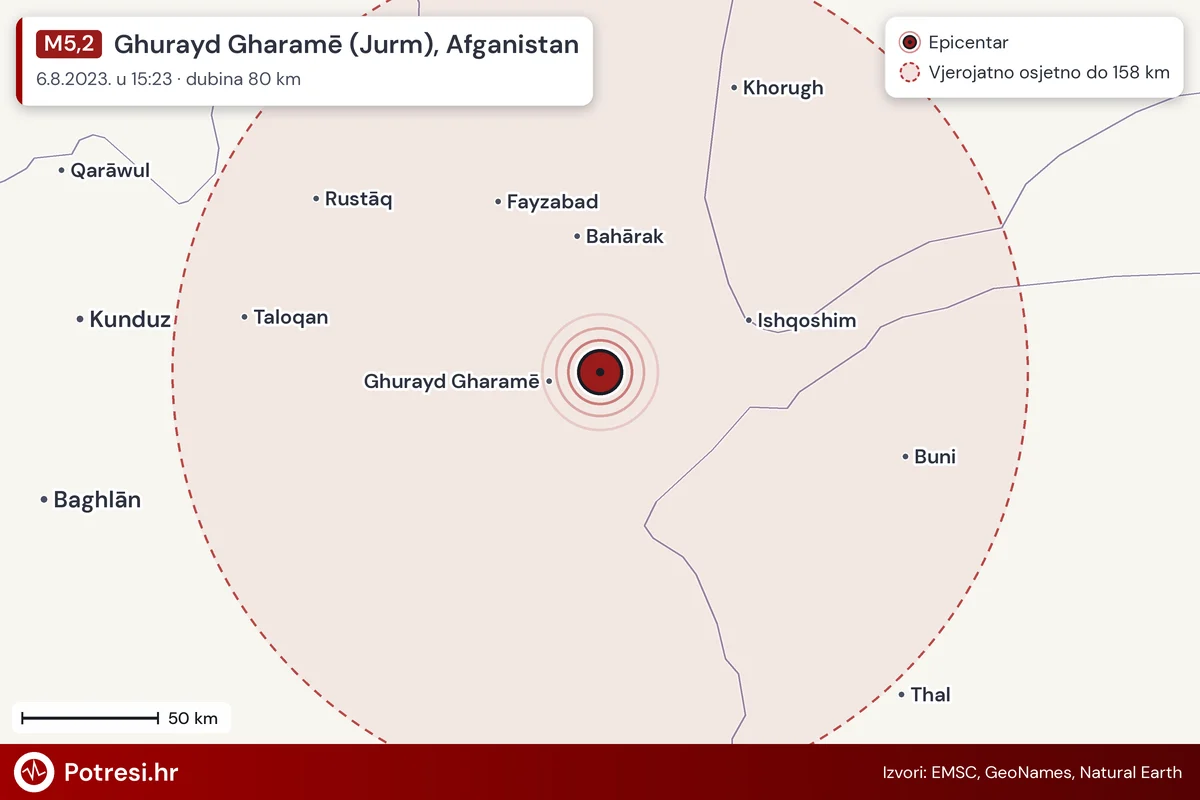 Karta: šire područje i vjerojatni doseg osjeta, potres M5,2, Ghurayd Gharamē (Jurm), Afganistan, 6.8.2023.