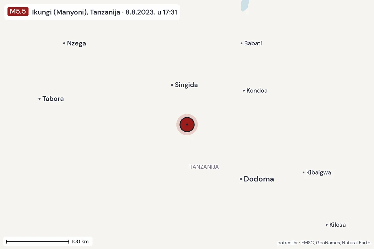 Karta: šire područje, 600 km, potres M5,5, Ikungi (Manyoni), Tanzanija, 8.8.2023.