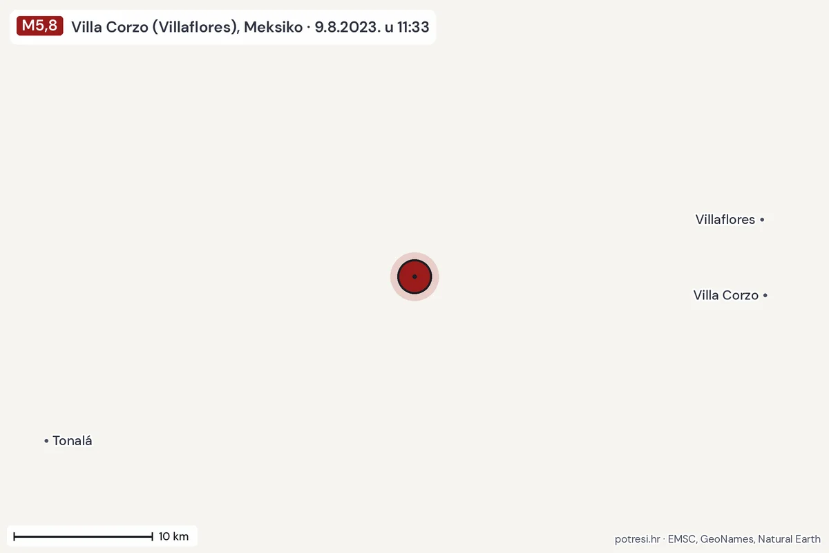Karta: okolica epicentra, 60 km, potres M5,8, Villa Corzo (Villaflores), Meksiko, 9.8.2023.
