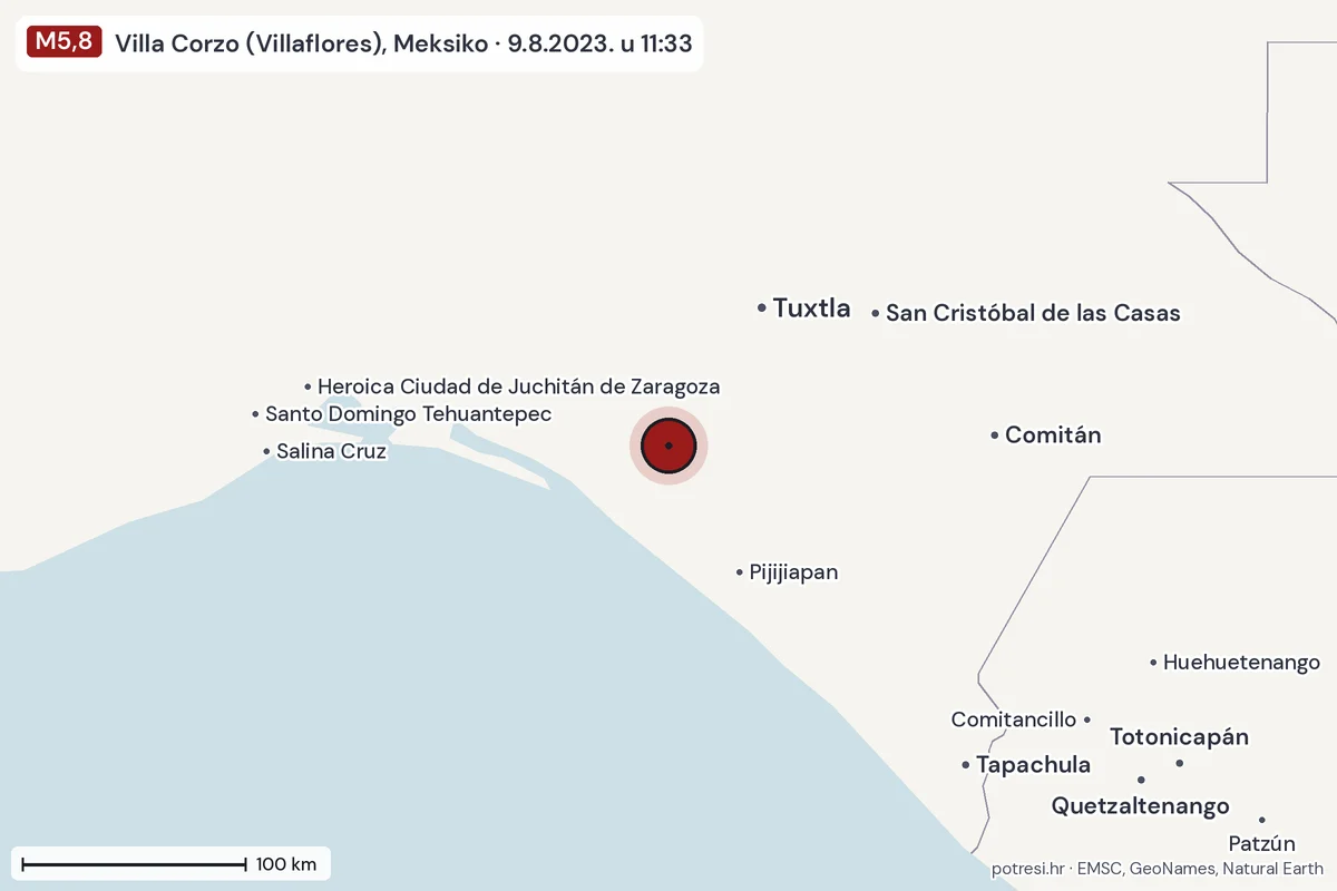 Karta: šire područje, 600 km, potres M5,8, Villa Corzo (Villaflores), Meksiko, 9.8.2023.
