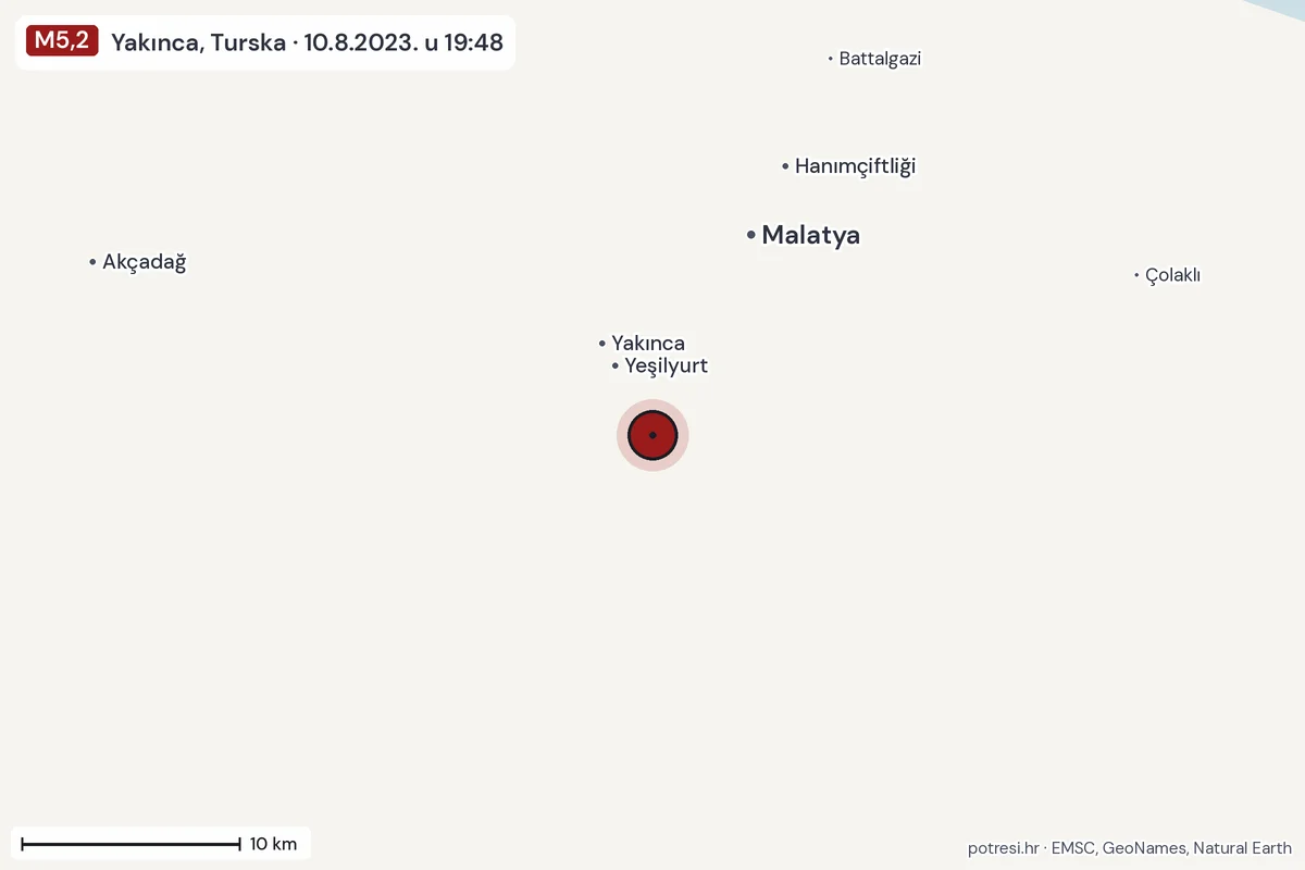 Karta: okolica epicentra, 60 km, potres M5,2, Yakınca, Turska, 10.8.2023.