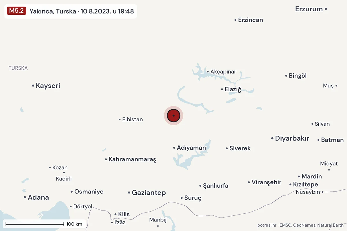 Karta: šire područje, 600 km, potres M5,2, Yakınca, Turska, 10.8.2023.