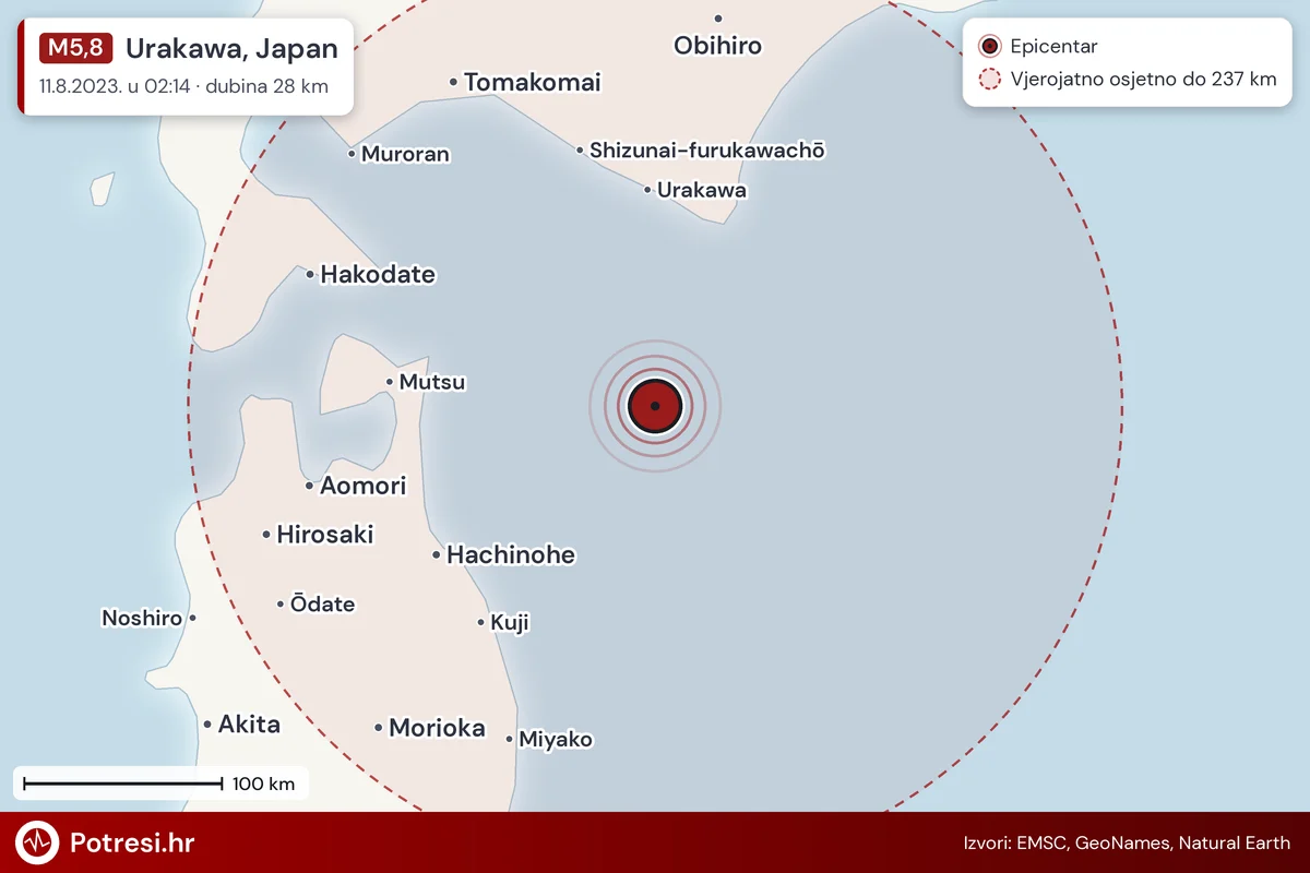Karta: šire područje i vjerojatni doseg osjeta, potres M5,8, Urakawa, Japan, 11.8.2023.