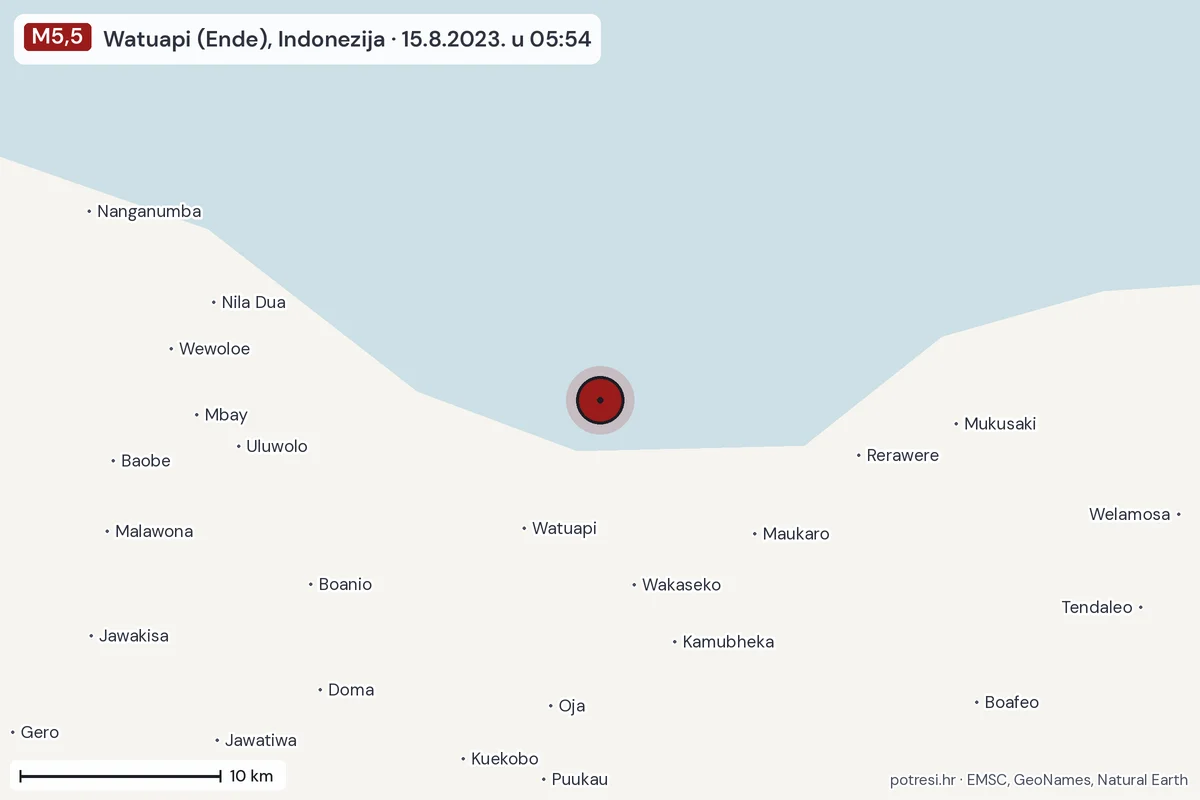 Karta: okolica epicentra, 60 km, potres M5,5, Watuapi (Ende), Indonezija, 15.8.2023.