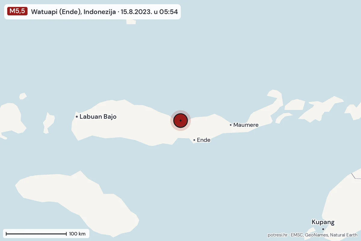 Karta: šire područje, 600 km, potres M5,5, Watuapi (Ende), Indonezija, 15.8.2023.