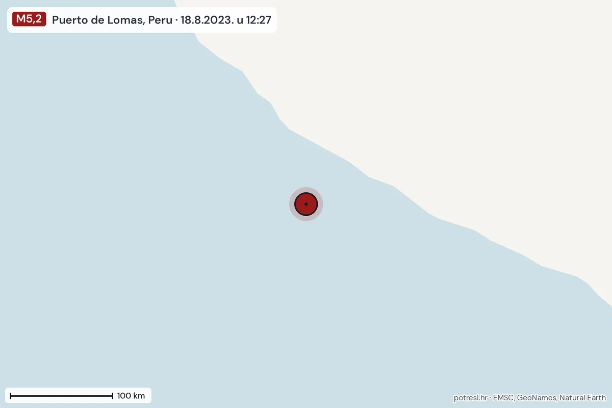 Karta: šire područje, 600 km, potres M5,2, Puerto de Lomas, Peru, 18.8.2023.
