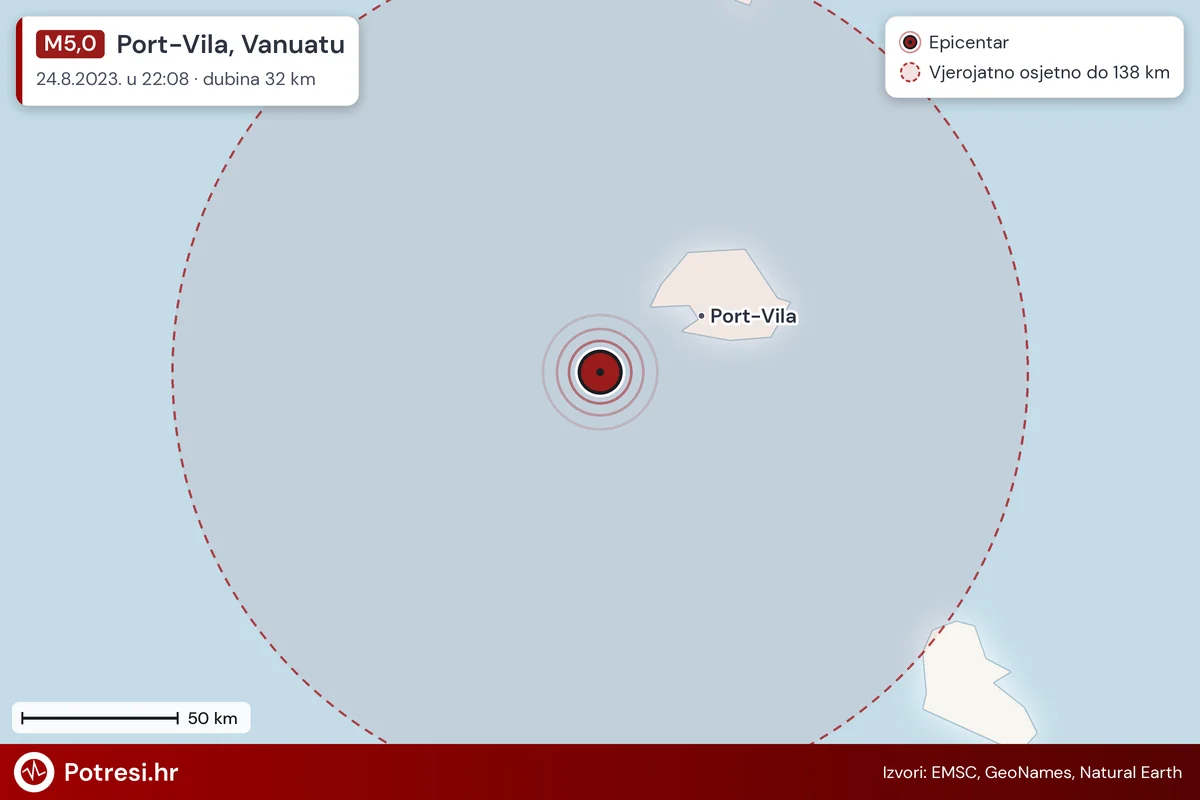Karta: šire područje i vjerojatni doseg osjeta, potres M5,0, Port-Vila, Vanuatu, 24.8.2023.