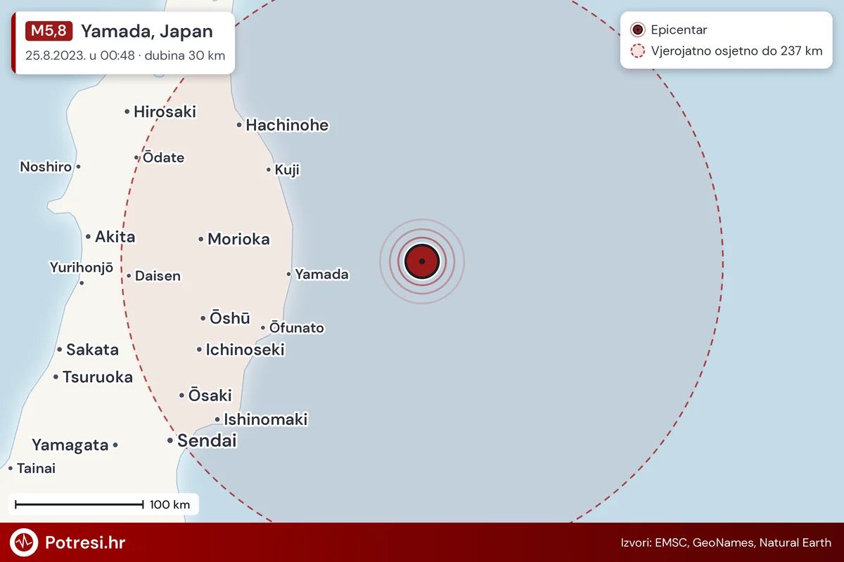 Karta: šire područje i vjerojatni doseg osjeta, potres M5,8, Yamada, Japan, 25.8.2023.