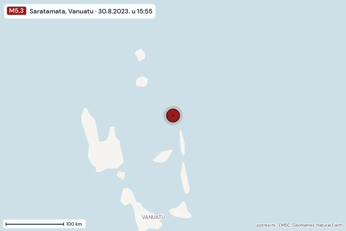 Karta: šire područje, 600 km, potres M5,3, Saratamata, Vanuatu, 30.8.2023.
