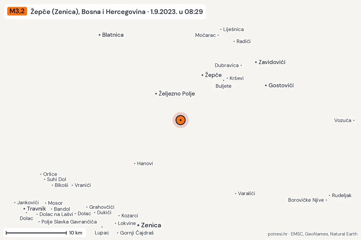 Karta: okolica epicentra, 60 km, potres M3,2, Žepče (Zenica), Bosna i Hercegovina, 1.9.2023.