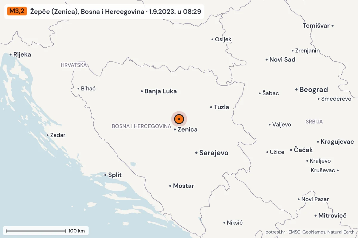 Karta: šire područje, 600 km, potres M3,2, Žepče (Zenica), Bosna i Hercegovina, 1.9.2023.