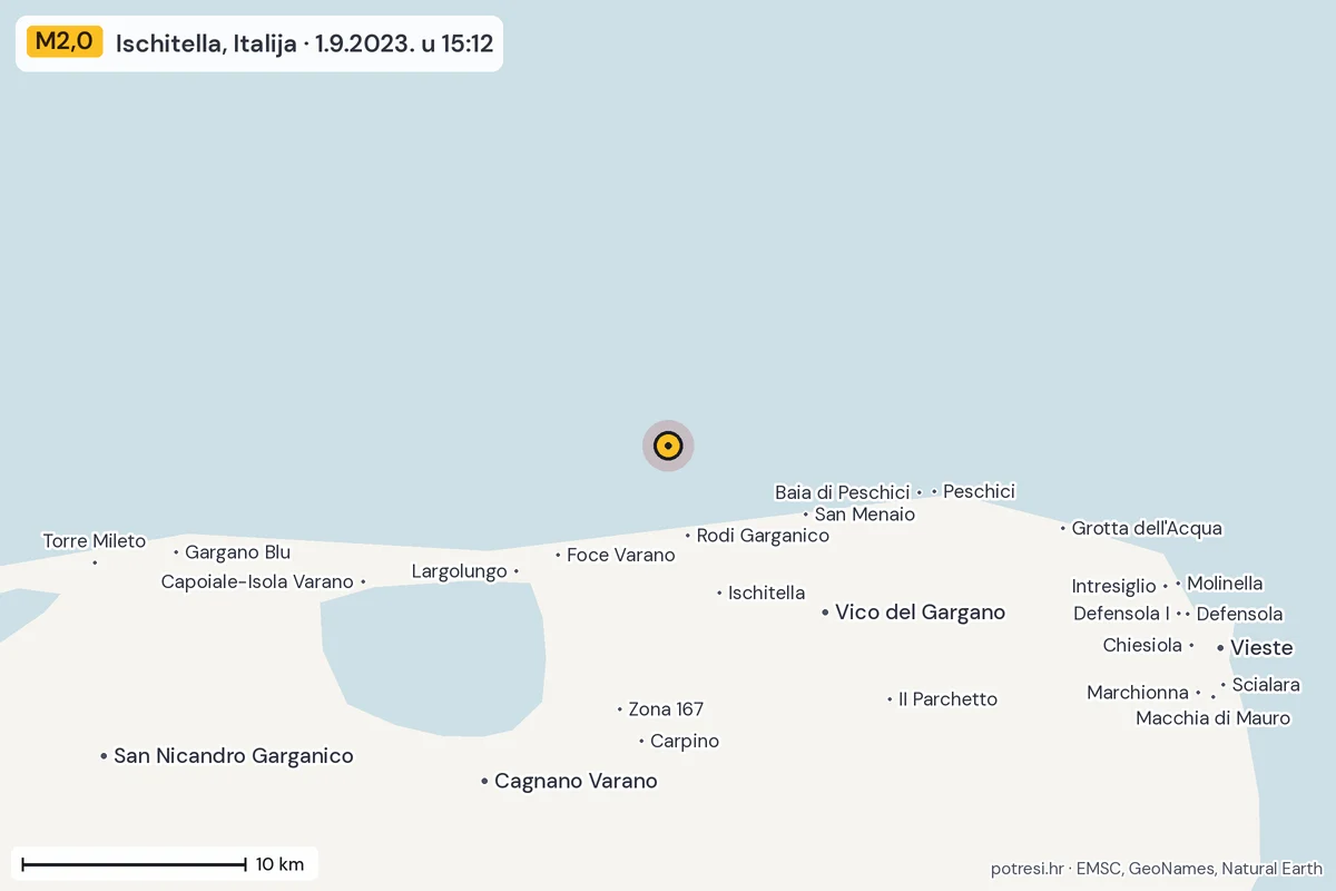 Karta: okolica epicentra, 60 km, potres M2,0, Ischitella, Italija, 1.9.2023.