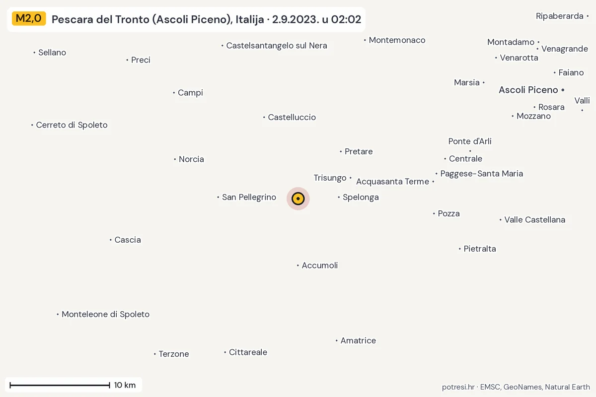 Karta: okolica epicentra, 60 km, potres M2,0, Pescara del Tronto (Ascoli Piceno), Italija, 2.9.2023.