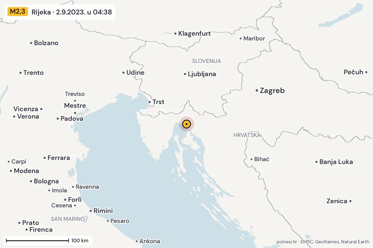 Karta: šire područje, 600 km, potres M2,3, Rijeka, 2.9.2023.