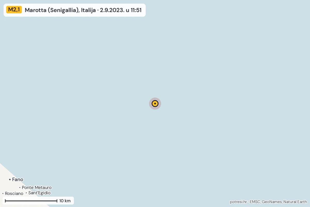 Karta: okolica epicentra, 60 km, potres M2,1, Marotta (Senigallia), Italija, 2.9.2023.