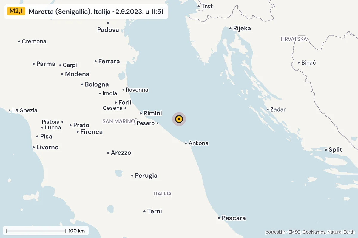 Karta: šire područje, 600 km, potres M2,1, Marotta (Senigallia), Italija, 2.9.2023.