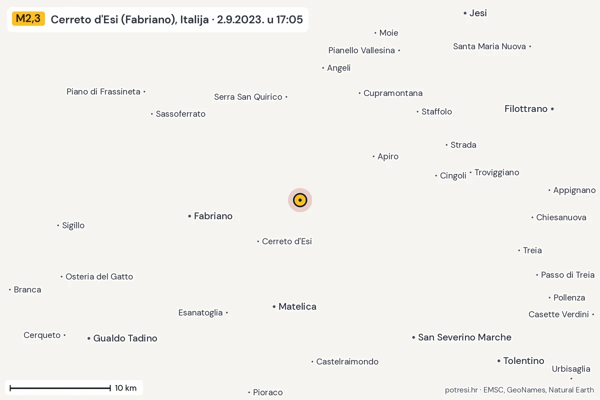 Karta: okolica epicentra, 60 km, potres M2,3, Cerreto d'Esi (Fabriano), Italija, 2.9.2023.