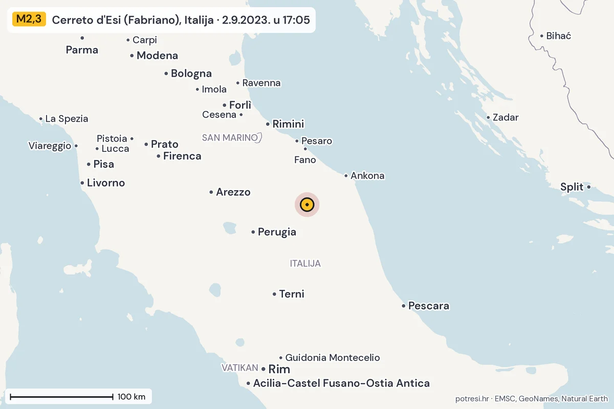Karta: šire područje, 600 km, potres M2,3, Cerreto d'Esi (Fabriano), Italija, 2.9.2023.