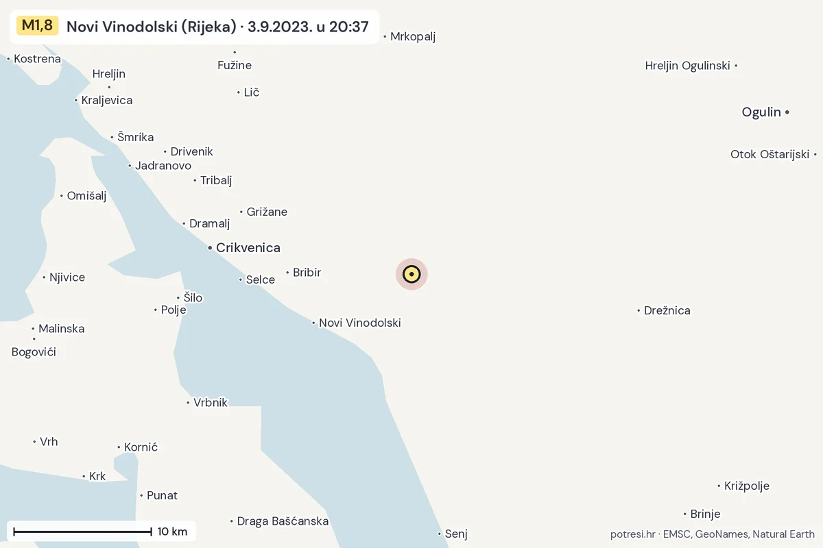 Karta: okolica epicentra, 60 km, potres M1,8, Novi Vinodolski (Rijeka), 3.9.2023.