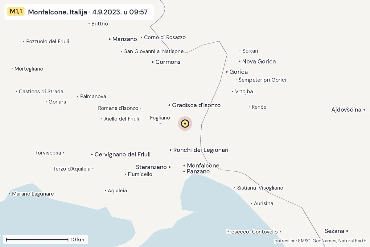Karta: okolica epicentra, 60 km, potres M1,1, Monfalcone, Italija, 4.9.2023.