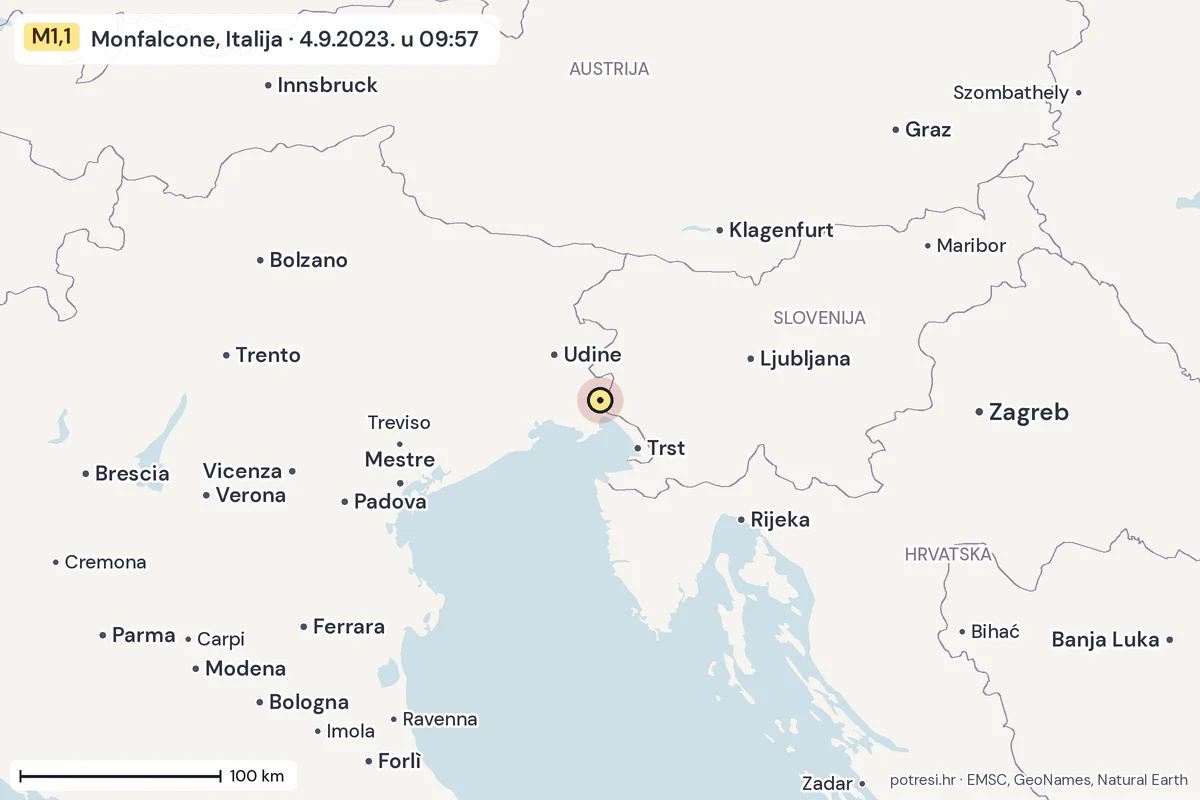 Karta: šire područje, 600 km, potres M1,1, Monfalcone, Italija, 4.9.2023.