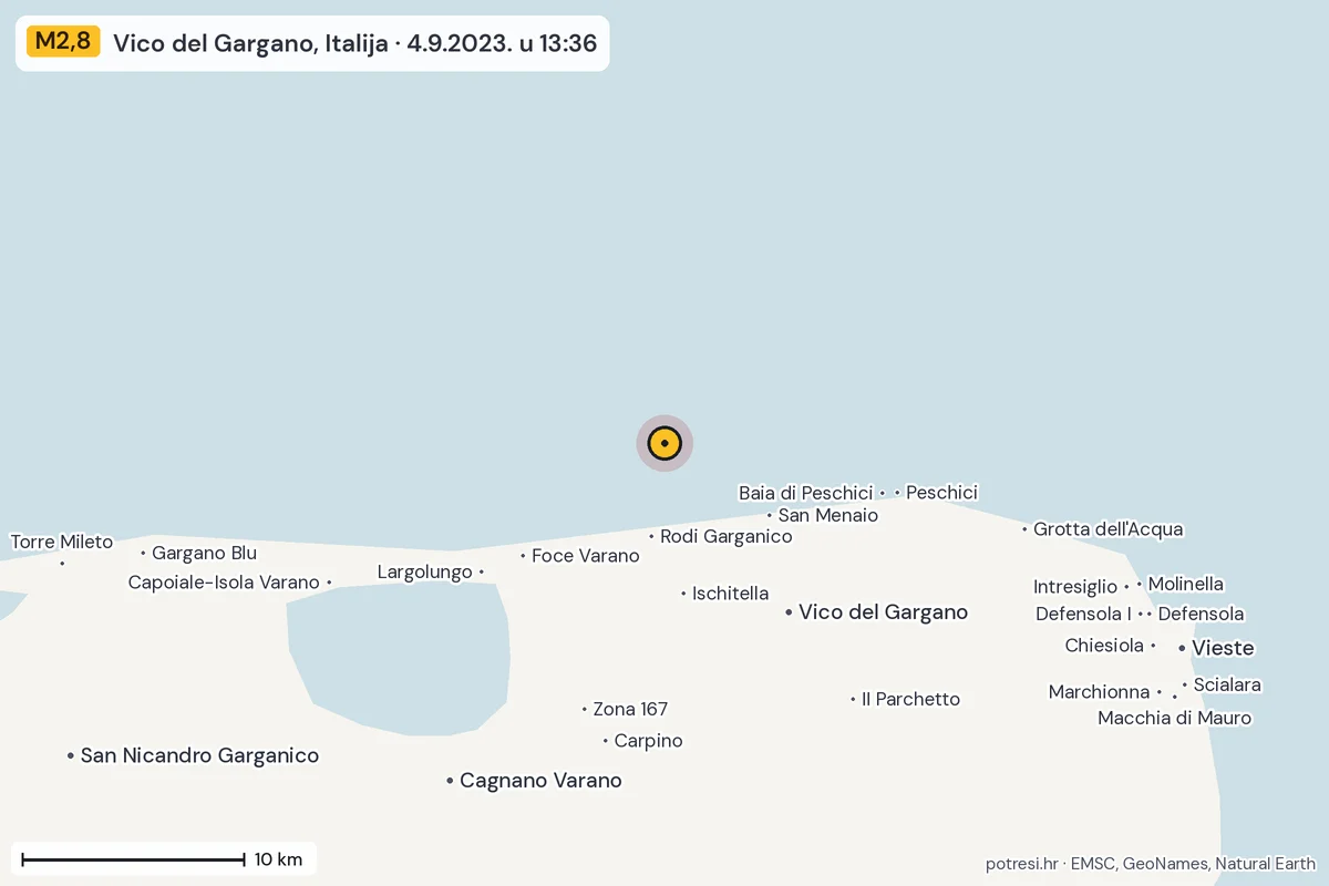 Karta: okolica epicentra, 60 km, potres M2,8, Vico del Gargano, Italija, 4.9.2023.