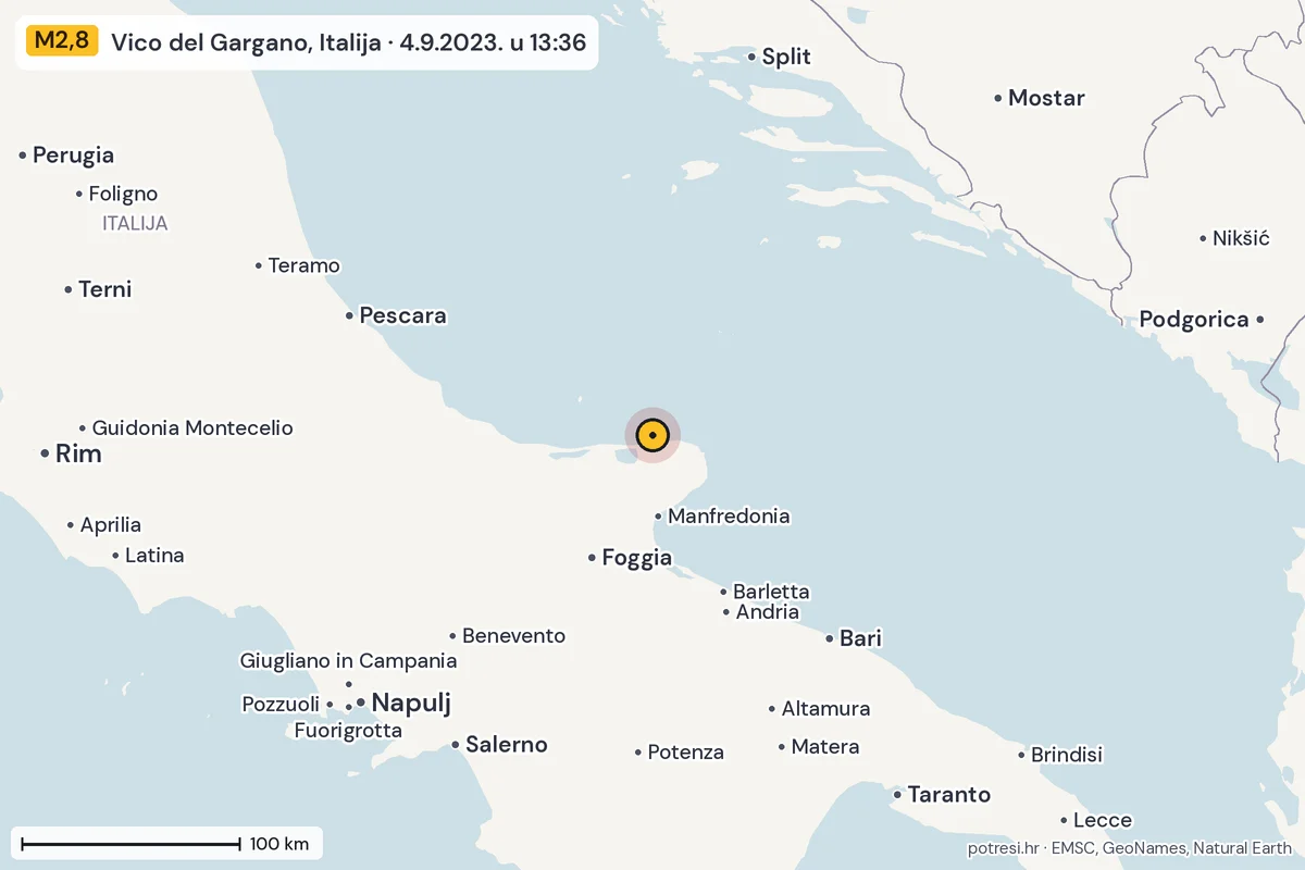 Karta: šire područje, 600 km, potres M2,8, Vico del Gargano, Italija, 4.9.2023.