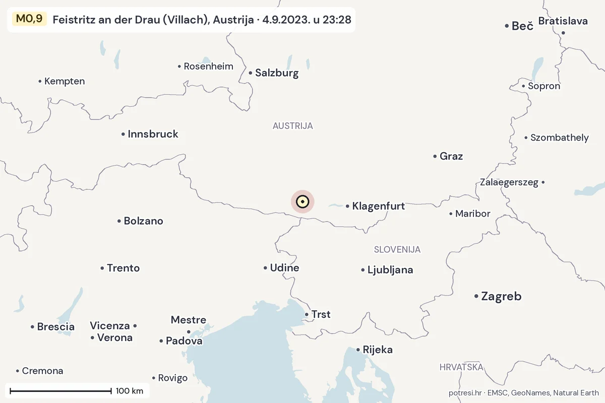 Karta: šire područje, 600 km, potres M0,9, Feistritz an der Drau (Villach), Austrija, 4.9.2023.