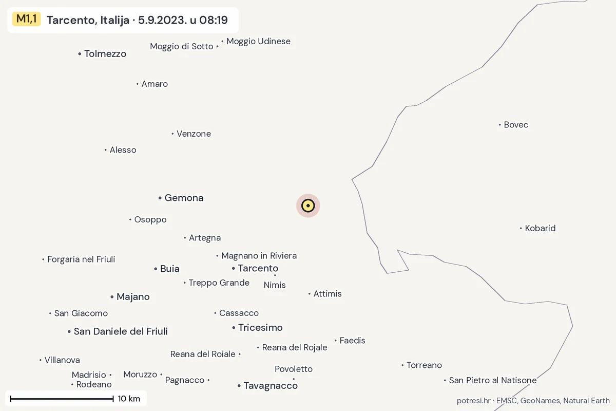 Karta: okolica epicentra, 60 km, potres M1,1, Tarcento, Italija, 5.9.2023.
