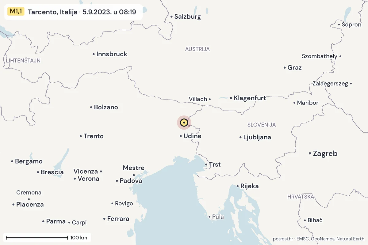Karta: šire područje, 600 km, potres M1,1, Tarcento, Italija, 5.9.2023.