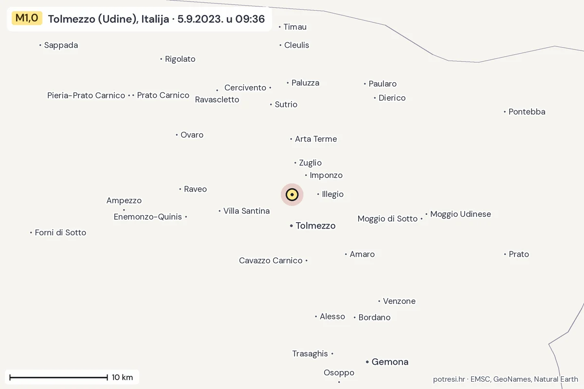 Karta: okolica epicentra, 60 km, potres M1,0, Tolmezzo (Udine), Italija, 5.9.2023.